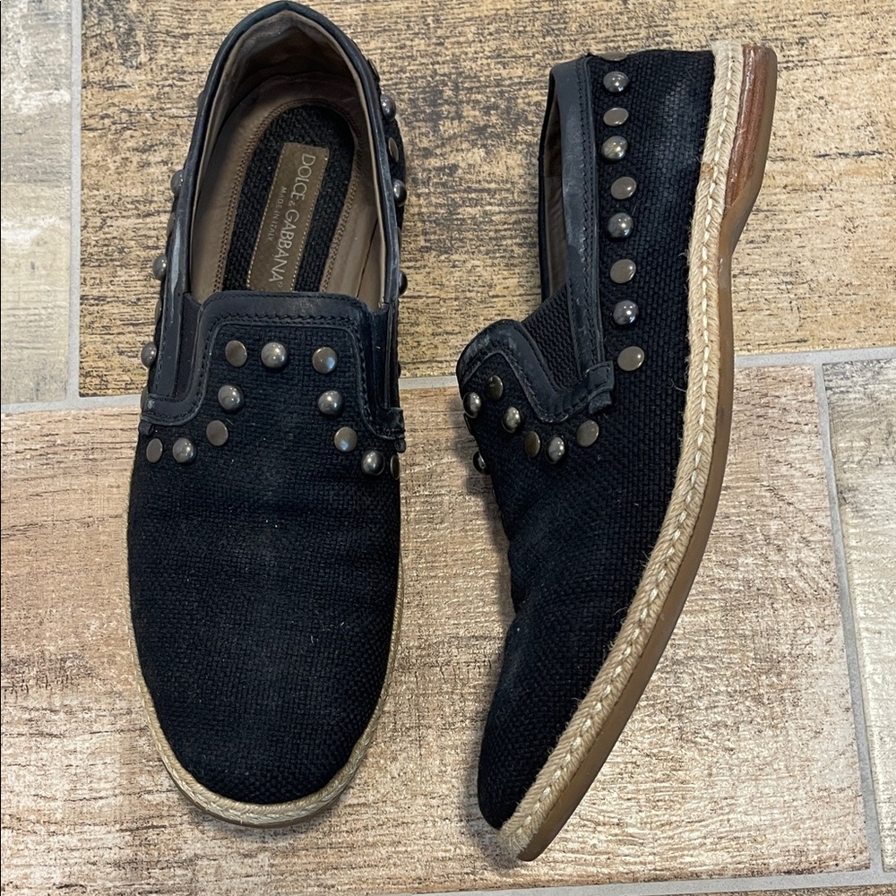 Dolce & Gabbana Mens Black Canvas Raffia Studded Loafers Size 10